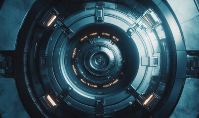 Futuristic Circular High-Tech Structure with Illuminated Controls and Reflective Surfaces, Showcasing Modern Technology in a Sci-Fi Environment