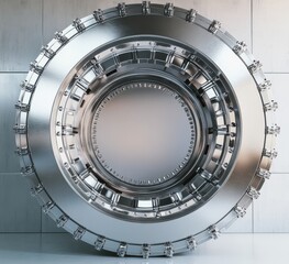 Futuristic Metallic Safe Round Design with Intricate Locking Mechanism on Wall Surface for Security and Storage in High-Tech Environments