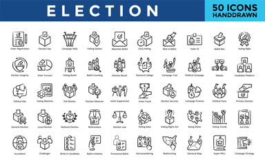 Election icons set with voter registration, election day, campaign rally, polling station, absentee ballot, early voting, mail in ballot, voter id, ballot box icon. Simple handdrawn vector
