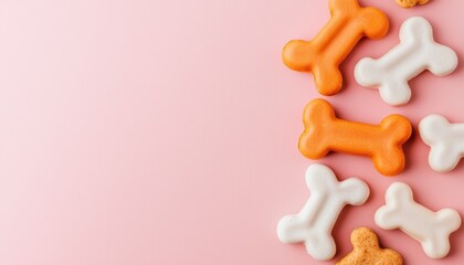 Delicious dog treats in various colors pet shop snack photography indoor environment close-up view healthy pet concept