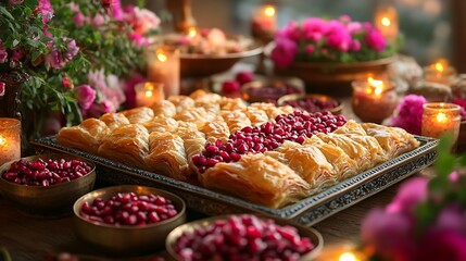 A festive Turkish dessert table featuring a large tray of baklava surrounded by bowls of fresh pomegranate seeds and a vibrant floral arrangement, candlelight casting a warm glow over the scene,