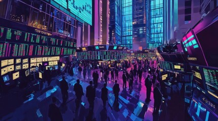 A vibrant trading floor bustling with activity and digital displays.