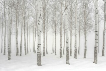 A serene winter landscape with bare trees in a foggy atmosphere.
