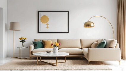 Stylish interior of living room with soft sofa and coffee table