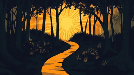 A serene forest path leading towards a radiant sunrise amidst dark trees.