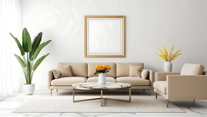 Stylish interior of living room with soft sofa and coffee table