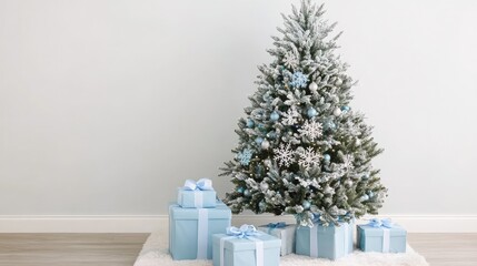A snowy-themed Christmas tree with frosted branches, glittery snowflake ornaments, and light blue wrapped presents below.