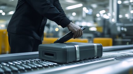 Fototapeta premium Security personnel meticulously inspecting luggage at airport checkpoint, ensuring safety and compliance with travel regulations. The scene emphasizes the importance of thoroughness in maintaining pub