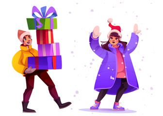 Happy people walking with Christmas gifts, enjoying snow. Vector cartoon illustration of young man carrying present boxes, excited woman in Santa hat playing on winter street, holiday mood in city
