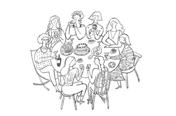 手描きイラスト　テーブルを囲んで食事をする女性たち