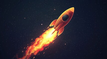 Naklejka premium A vibrant rocket launching into space, emitting fiery trails against a starry background.