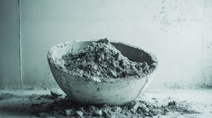A textured bowl filled with raw concrete sits in a minimalist setting, showcasing the rugged, industrial aesthetic of construction materials.