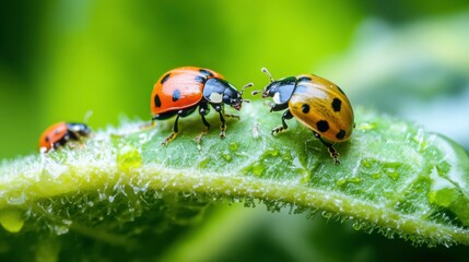 Fototapeta premium Ladybugs on Green Leaf with Dew Drops