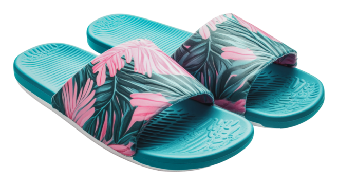 Colorful beach sandals with palm leaf design, cut out - stock png.