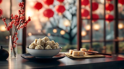A minimalist setup with dumplings placed in a white ceramic bowl, sticky rice cakes on a sleek black plate beside them, chopsticks resting on a gold napkin,