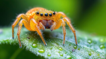 Vibrant Spider on Green Leaf Close-Up Photography