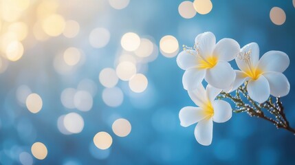 Delicate white plumeria flowers against a blurred background of bokeh lights.
