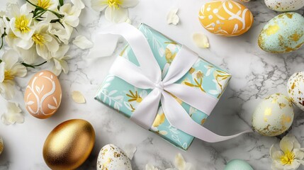 Beautiful Easter Gift Box with Colorful Decorated Eggs and Flowers