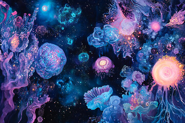 Obraz premium Colorful cosmic landscape filled with vibrant celestial bodies and abstract formations in outer space