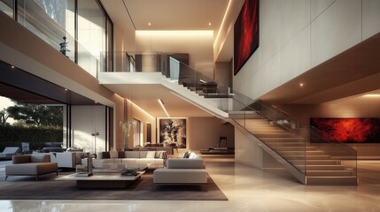 Spacious villa interior featuring a dramatic staircase, modern art, and sleek, contemporary furniture enhancing the luxurious design.