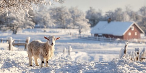 Naklejka premium A small goat is sheltered on a farm, surrounded by a wintry landscape blanketed with snow, creating a picturesque winter scene.