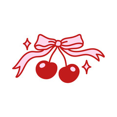 Coquette pretty charming pink bow with cherry berry. Elegant bow knot, gift bow. Beautiful holiday decorative element, festive present decor. Vintage hand drawn illustration