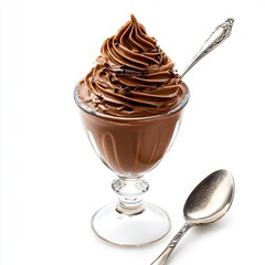 A decadent chocolate dessert served in a glass cup with a spoon beside it.