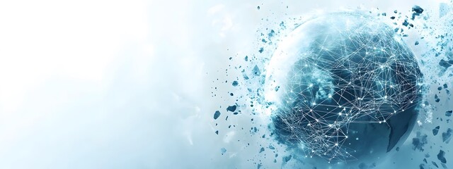 A digital banner featuring the concept of global business, showcasing interconnected networks and globe icons in light blue tones with dynamic network connections,


