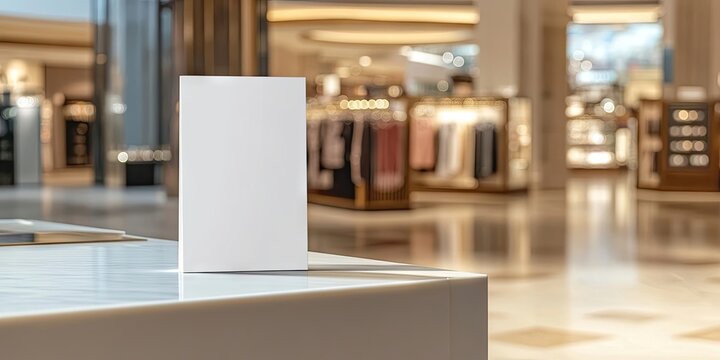 A blank trifold brochure mockup is placed on a fashion display counter within a retail store located inside an indoor shopping mall.