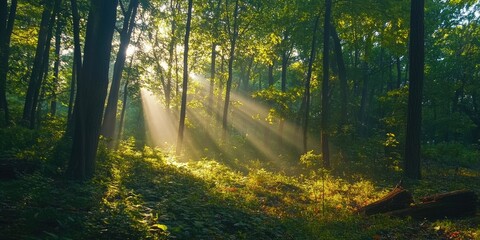 Obraz premium Gorgeous Morning in the Forest Serenity in Nature Lush Trees and Leaves Illuminated by Bright Rays of Optimism.