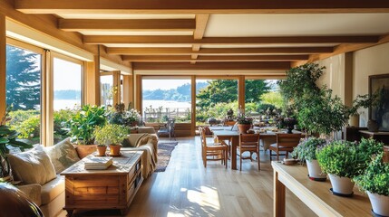 Fototapeta premium Modern Coastal Living Room with Natural Light and Green Plants