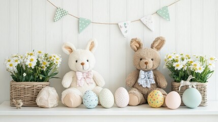 Adorable Easter Decoration with Plush Toys and Colorful Eggs