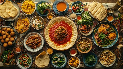 Fototapeta premium A top-down view of an Ethiopian holiday feast showcasing doro wat with its vibrant red sauce, neatly folded injera, and an array of colorful side dishes,