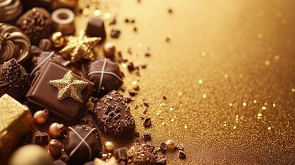 Golden Christmas and New Year background enriched with chocolate elements creates a festive atmosphere. This captivating golden background is perfect for holiday-themed designs with ample copy space.