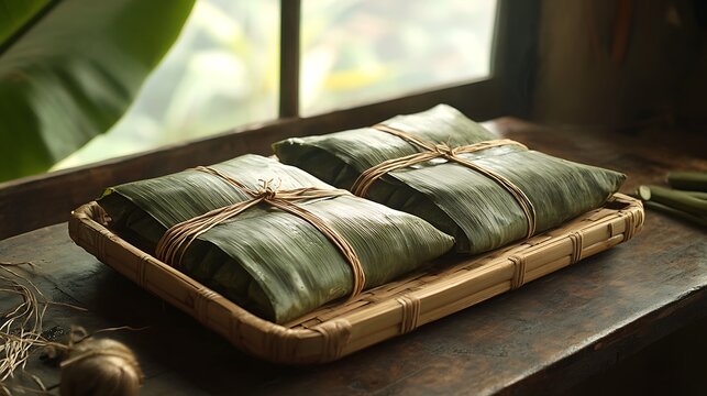 A traditional b&aacute;nh chưng preparation scene with neatly tied banana leaf parcels arranged on a woven bamboo tray, fresh banana leaves and string scattered around,