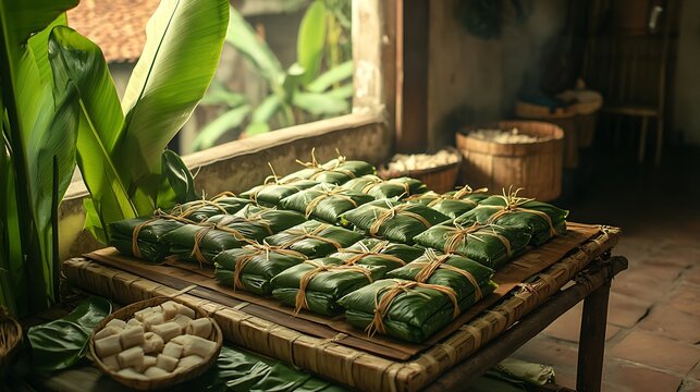A traditional b&aacute;nh chưng preparation scene with neatly tied banana leaf parcels arranged on a woven bamboo tray, fresh banana leaves and string scattered around,