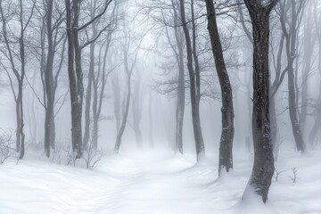 Naklejka premium A serene winter landscape shrouded in fog, showcasing a tranquil forest path.