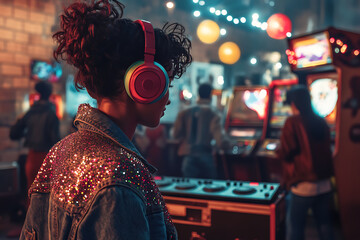 Obraz premium Young person enjoys music at a lively retro arcade filled with colorful lights and games
