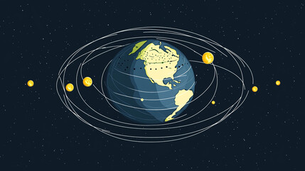 Fototapeta premium Earth axis diagram illustration showing the tilt of the Earth's rotational axis relative to its orbital plane, explaining the cause of seasonal changes and the distribution of sunlight.
