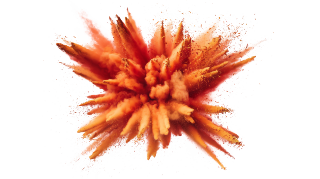 bright orange holi paint color powder festival explosion burst isolated white background. industrial print concept background