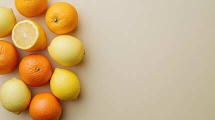 Vibrant oranges and lemons arranged on a beige background, creating a colorful fruit composition. Bright summer fruit imagery with ample space for text.