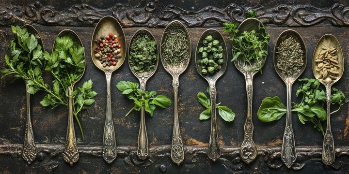 Looking down at vintage spoons filled with vibrant green spices and herbs showcases an artistic arrangement of these flavorful ingredients.