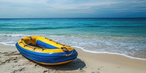 Obraz premium On the sandy shore, there is a lifeboat featuring blue and yellow colors, resting on the beach, ready for use in case of an emergency.