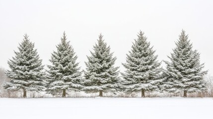 Fototapeta premium A captivating image of a group of pine trees adorned with a delicate layer of snow creates a serene winter scene against a soft white sky, offering ample photo space.