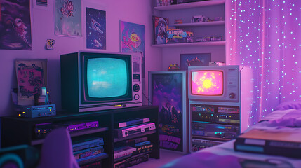 Obraz premium Retro room with vintage televisions and neon decor creates a nostalgic atmosphere