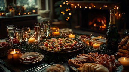 Fototapeta premium A traditional Russian table set for New Year’s Eve, featuring Olivier salad, pickled herring, and champagne, surrounded by festive decor like pine branches, baubles, and fairy lights,