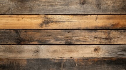 Naklejka premium Close-up of a wooden plank reveals a rough, aged surface showcasing unique textures and natural design elements, perfect for capturing rustic charm. Photo includes ample copy space.