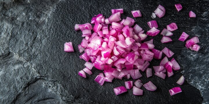 Diced red onion placed on a dark stone surface. The chopped red onion sits on the background of the dark stone, highlighting its vibrant color and texture.