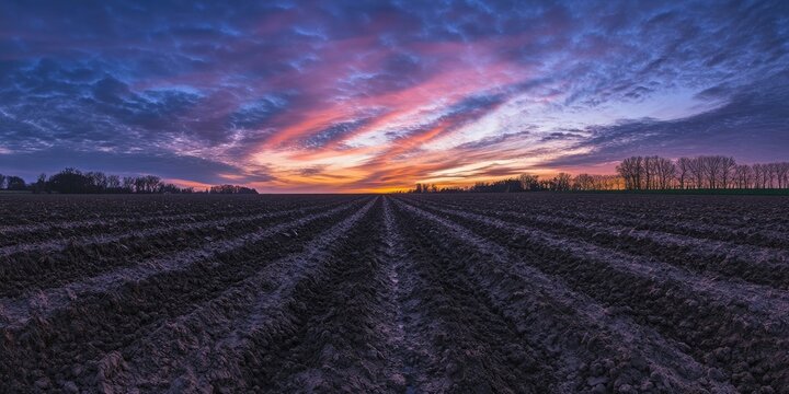 A wide angle perspective of an agricultural field during the twilight hours captures the serene beauty of farming at dusk. The farming field resonates with the tranquility of evening.