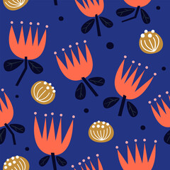 Floral seamless pattern with exotic flowers and leaves. Simple pattern with cute fictional flowers. Trendy exotic texture. Perfect for textile print, wallpaper, wrapping paper. Vector illustration.